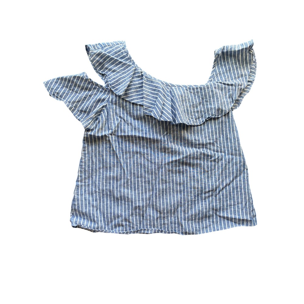 Madewell Blue White Striped Linen Cotton Ruffle Off Shoulder Blouse Size 4